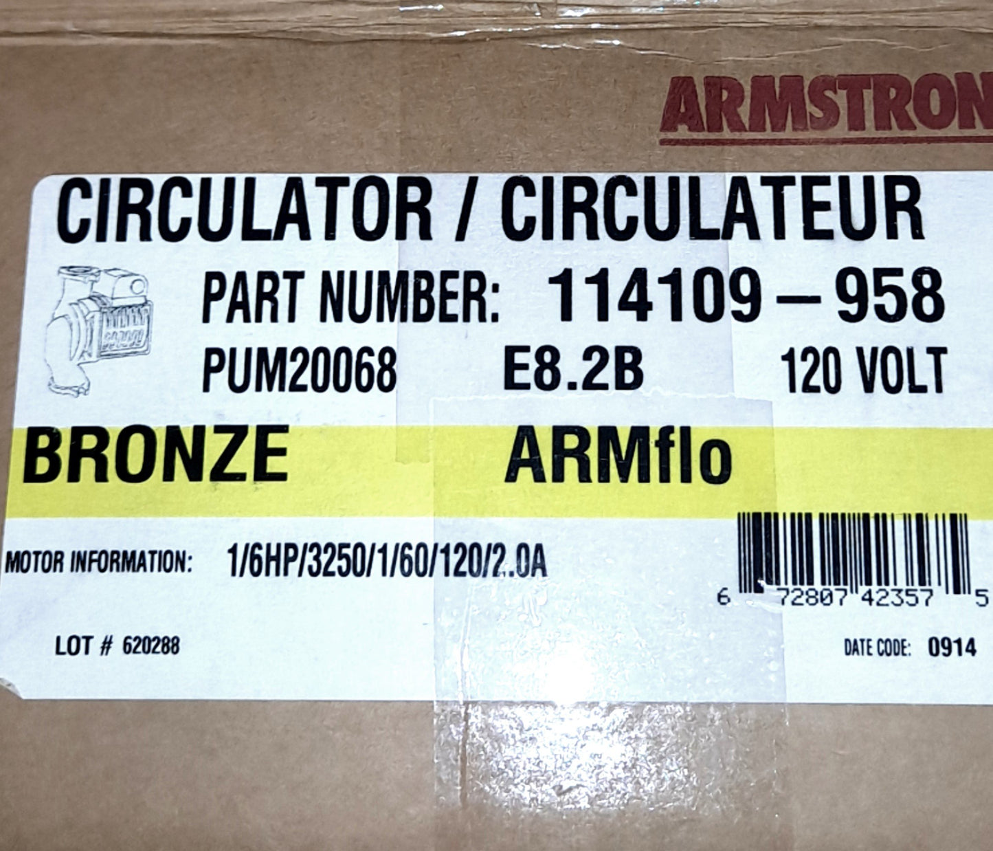 Used Armstrong 114109-958 E8.2B Bronze Circulating Pump, 150psi/10bar Max, 3250RPM