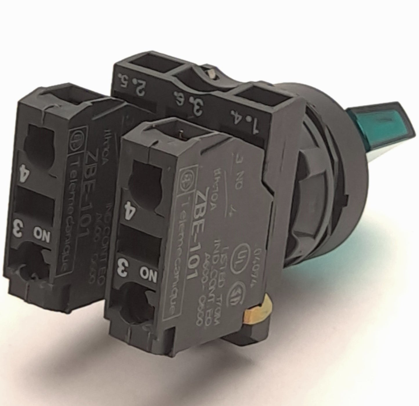 Used Schneider ZB5AK1333, ZBE-101 Green Selector Switch w/ 2x Contact Blocks, 600VAC