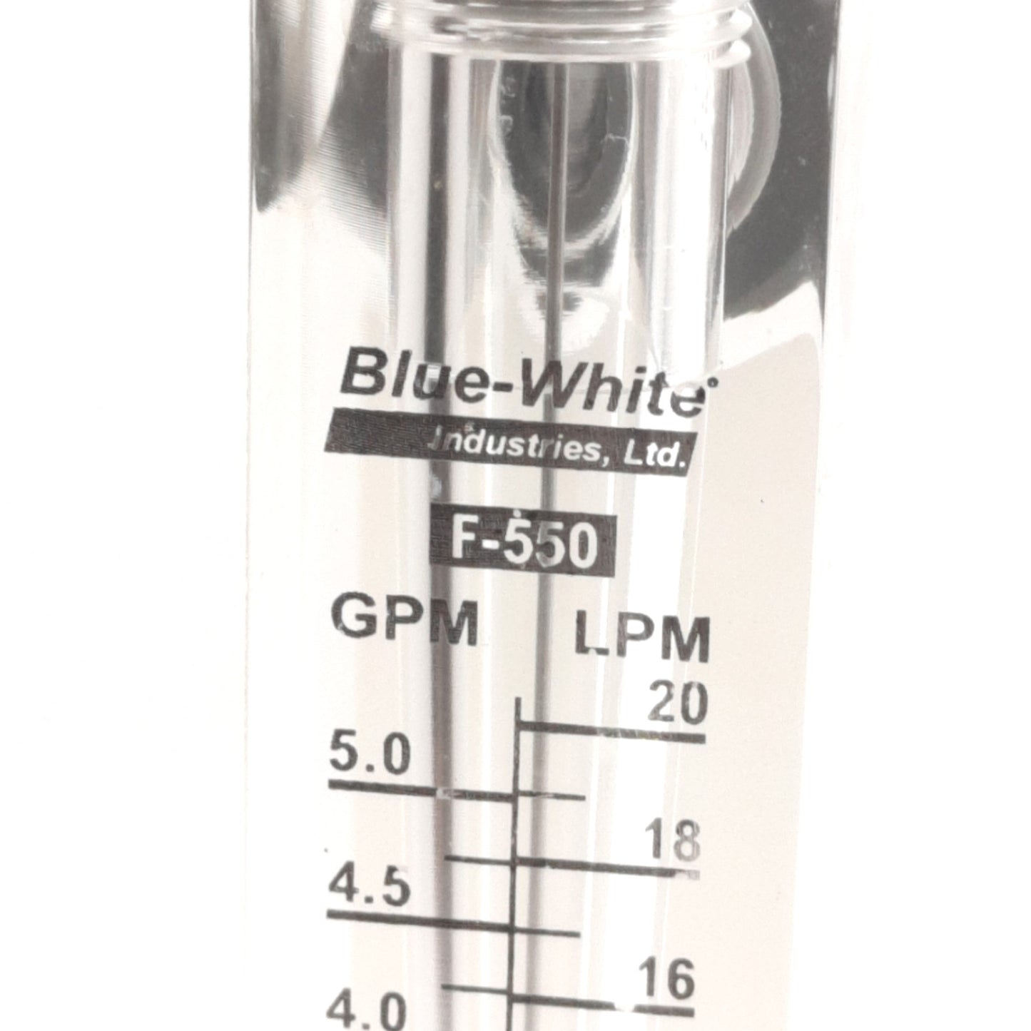 Used Blue-White F-55200L Flow Meter, 2-20LPM/0.5-5GPM, 1/2" NPT, 100mm Scale
