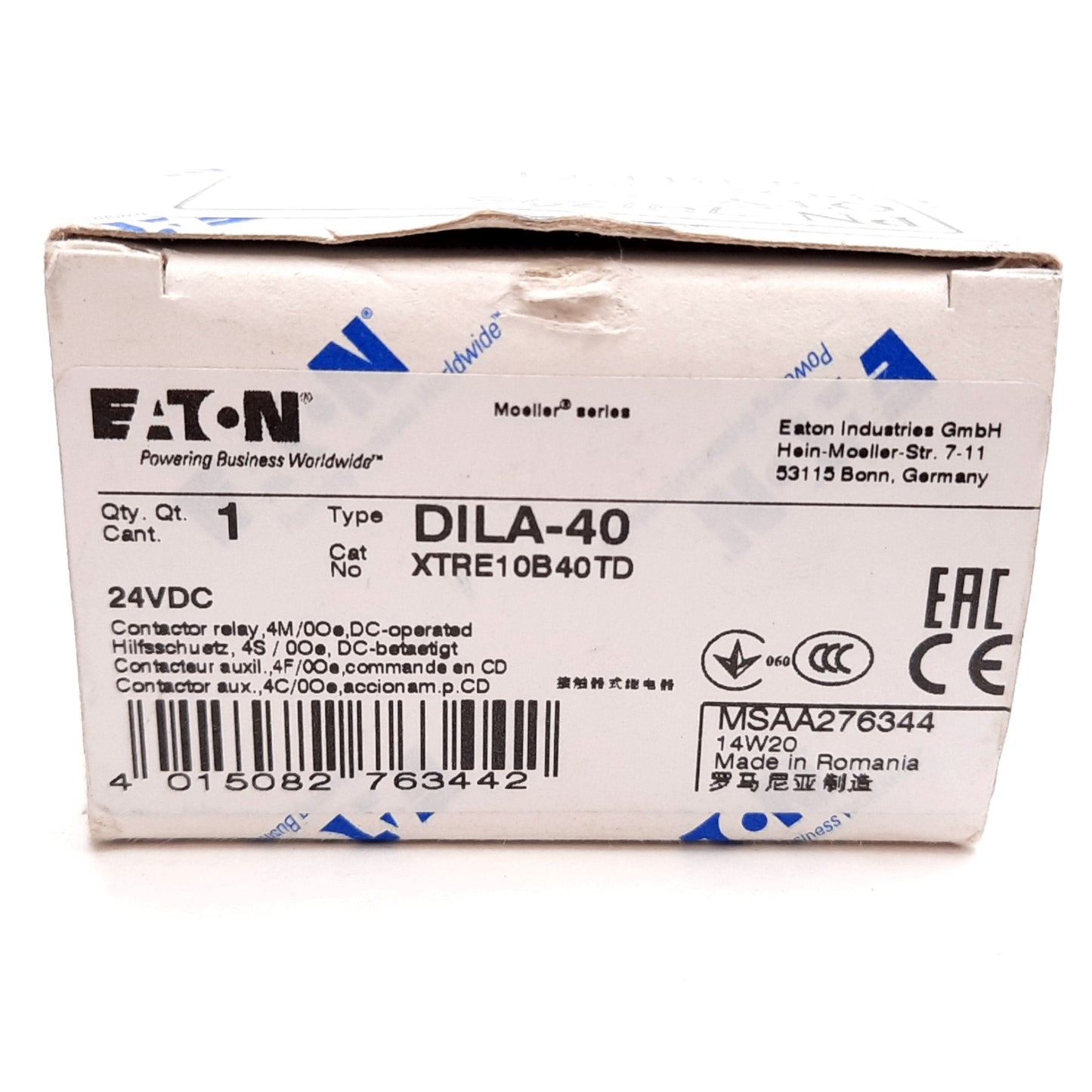 New Eaton DILA-40 Contactor, 4-Pole, Coil: 24VDC, Rating: 16A 600VAC 250VDC