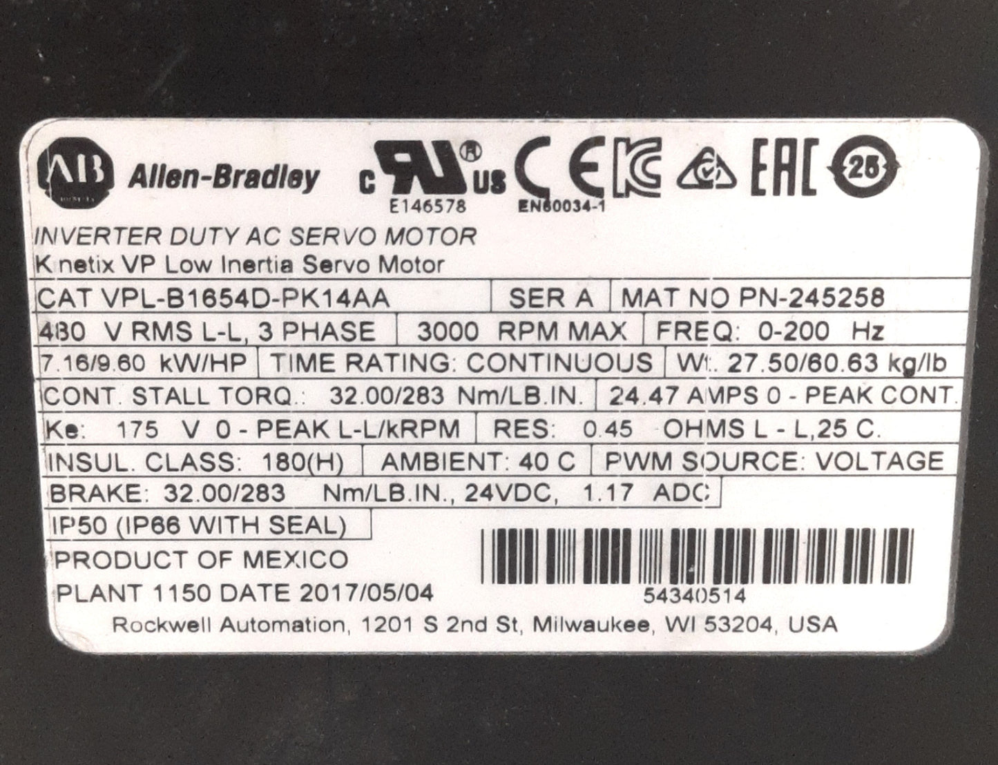 Used Allen Bradley VPL-B1654D-PK14AA Low Inertia Servo Motor, 165mm Frame, 400V AC