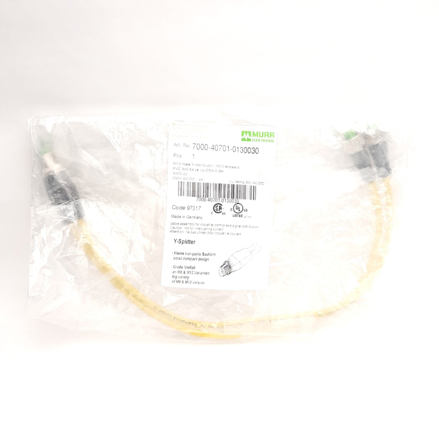 New Murr Elektronik 7000-40701-0130030 Y-Splitter, M12 Male to Two M12 Females, 0.3m