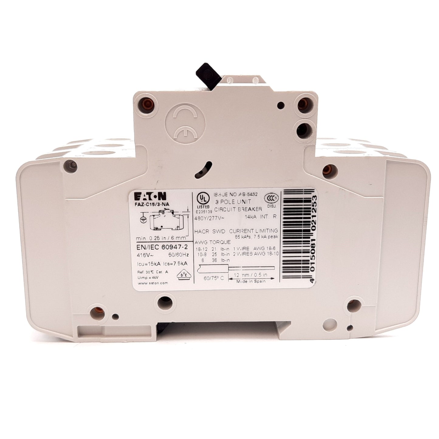 Used Eaton FAZ-C15/3-NA Circuit Breaker, 3-Pole, C-Curve, Rating: 15A 480Y/277VAC