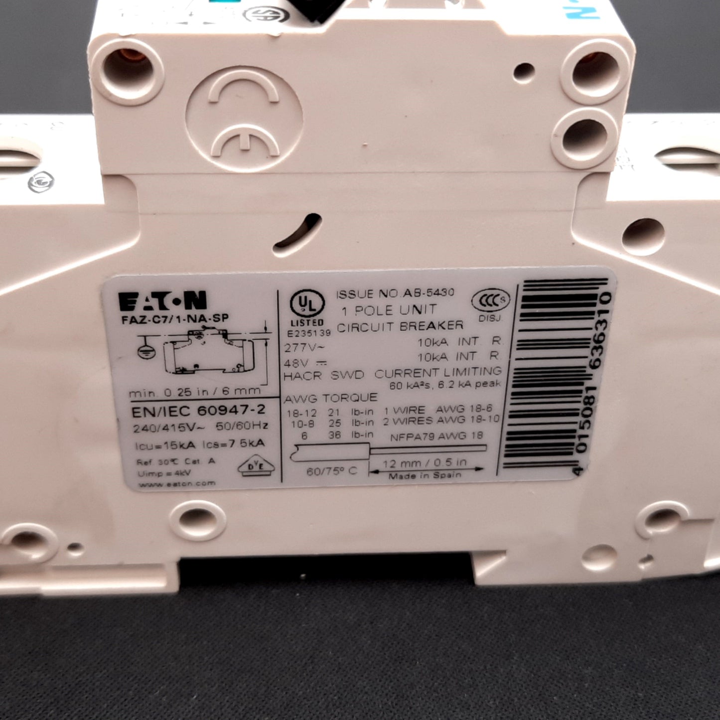 Used Eaton FAZ-C7/1-NA-SP Circuit Breaker, 1-Pole, 7A 277VAC 48VDC, C-Curve