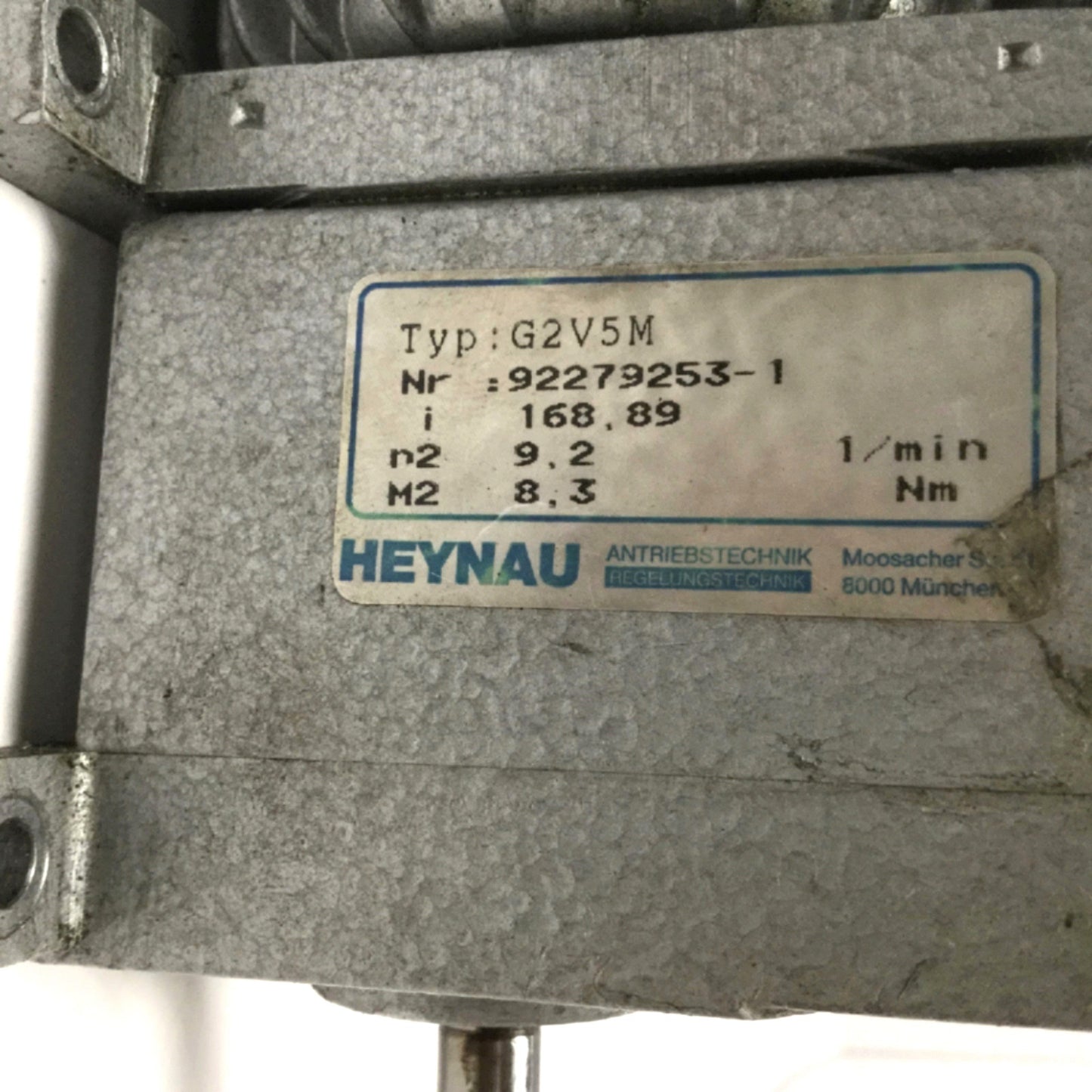 Used Heynau EG 7150-AY-RL Gearmotor 220VAC 60Hz, 168.9:1 Ratio, 9.2RPM, 8.3Nm