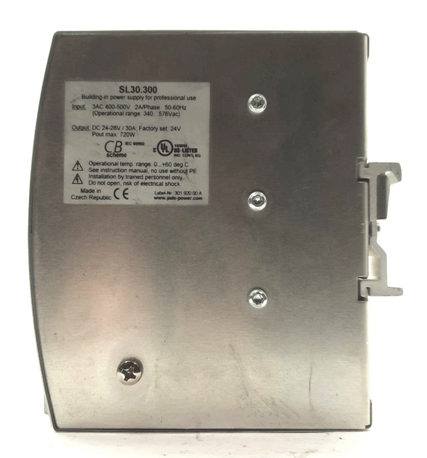 Used PULS SL30.300 Power Supply Out: 24VDC 30A In: 3PH 400-500VAC 50/60Hz 2A DIN Rail