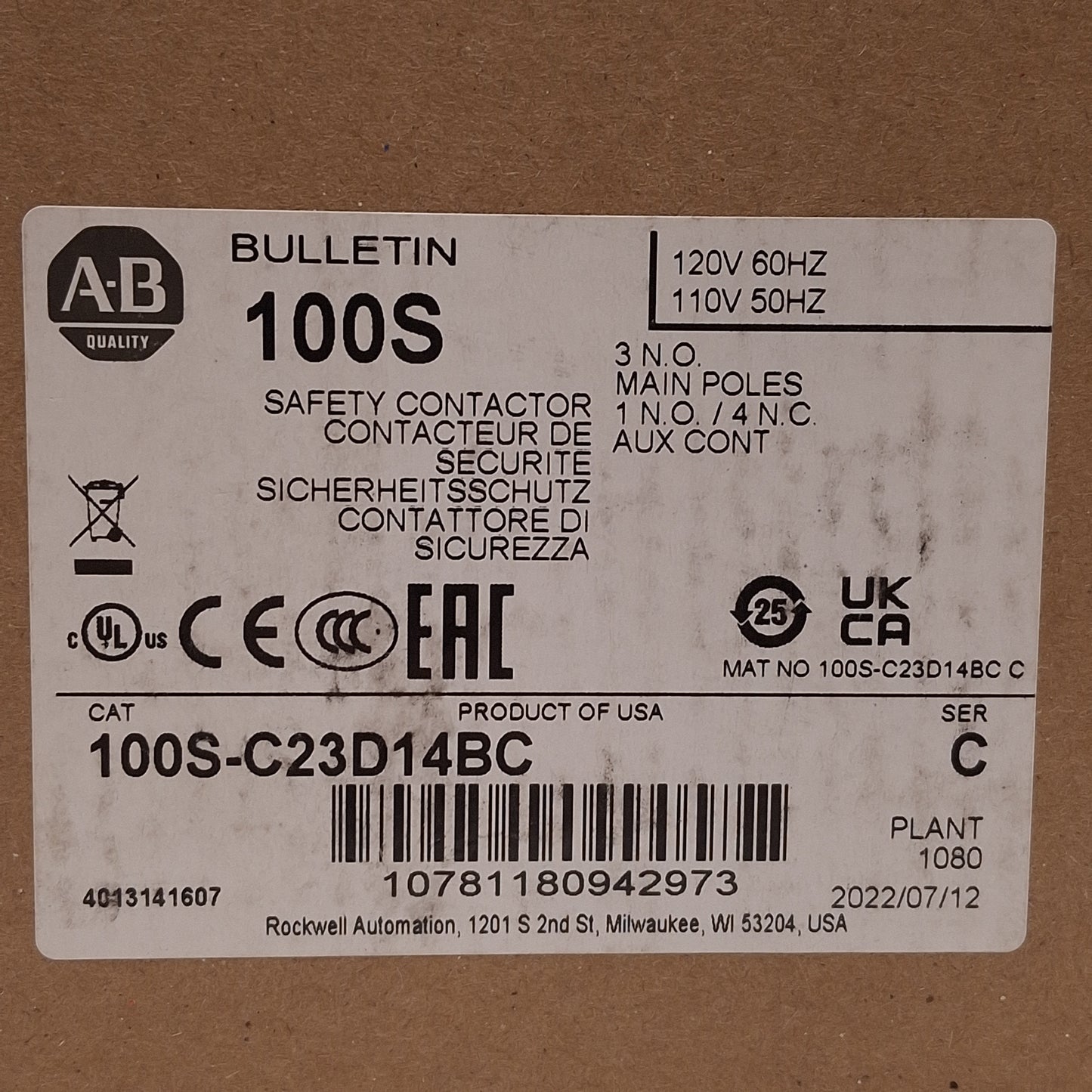 New Allen-Bradley 100S-C23D14BC Safety Contactor 3-Pole, 23A 400VAC, 110/120VAC Coil