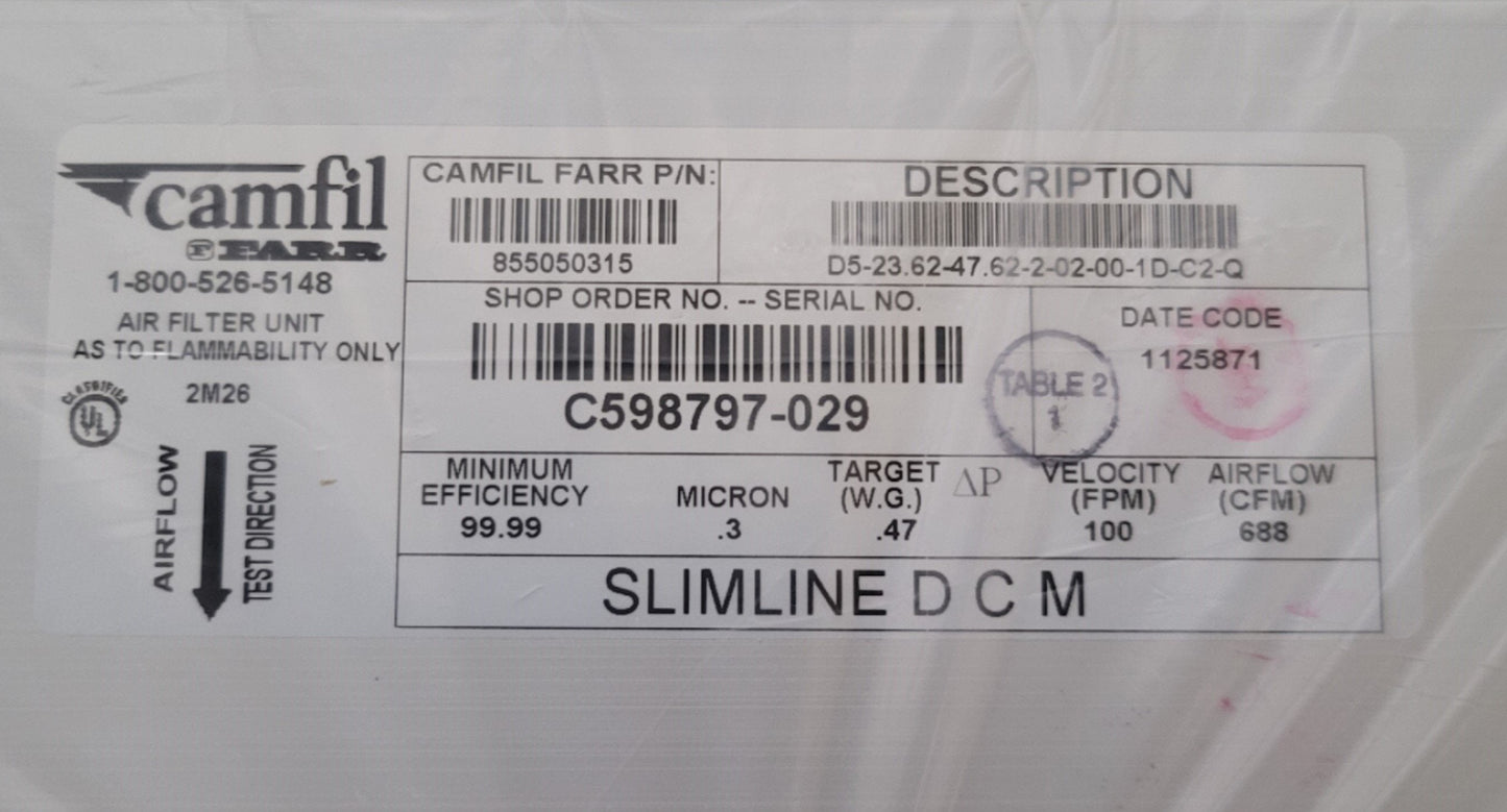 New Camfil 855050315 D5-23.62-47.62-2-02-00-1D-C2-Q Slimline HEPA Filter 2' x 4'