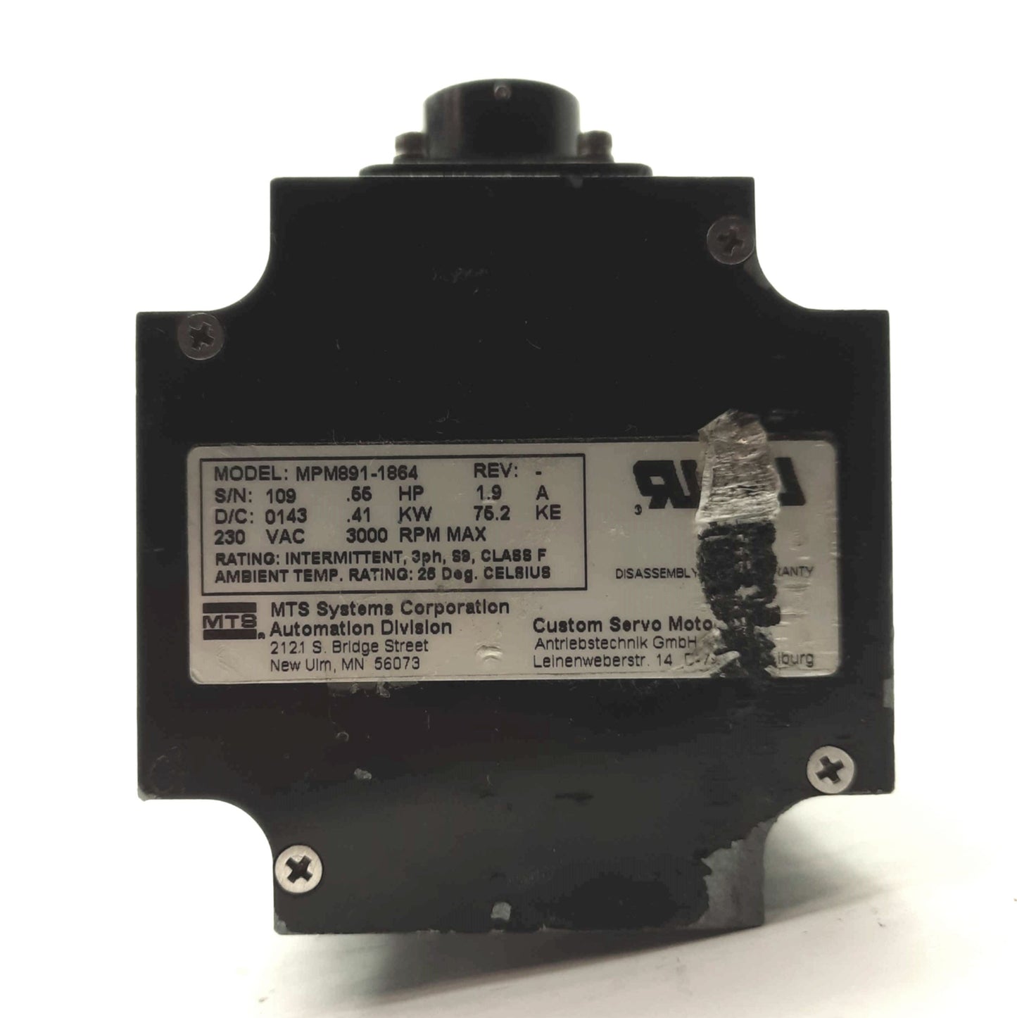 Used Parker MTS MPM891-1864 MaxPlus Servo Motor .41kW 5/8"Shaft 3Ø 230VAC 1.9A *Face*