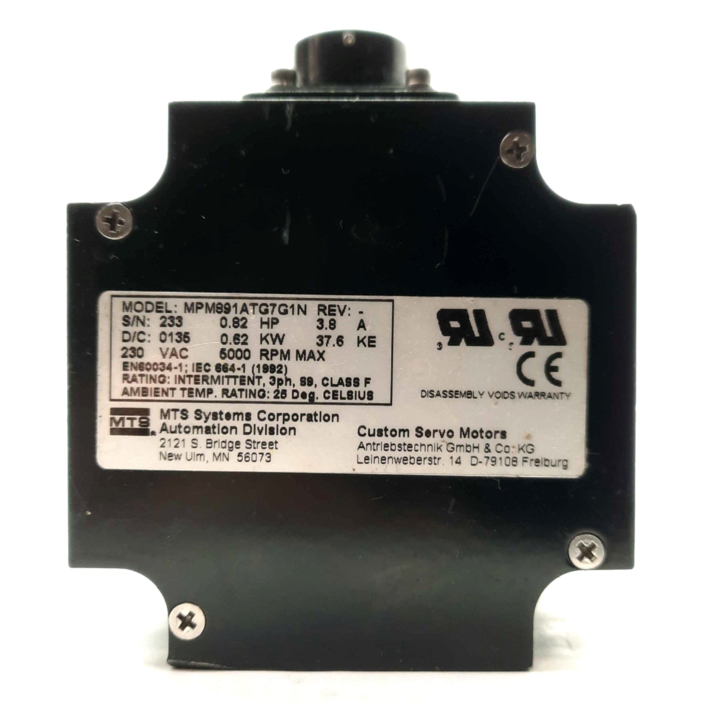 Used Parker MPM891ATG7G1N MaxPlus Servo Motor 230VAC 3.8A 0.62kW 5000RPM 89mm Frame