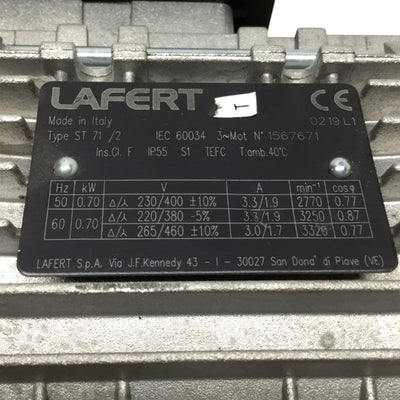 Used Lafert ST 71 /2 Pump Motor 230-460VAC 3-Phase Delta/Wye, 3300RPM 0.7kW *No Head*