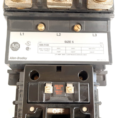 Used Allen Bradley 509-FOD Non-Reversing Starter, 3-Pole, Coil: 110/120VAC, 270A 600V