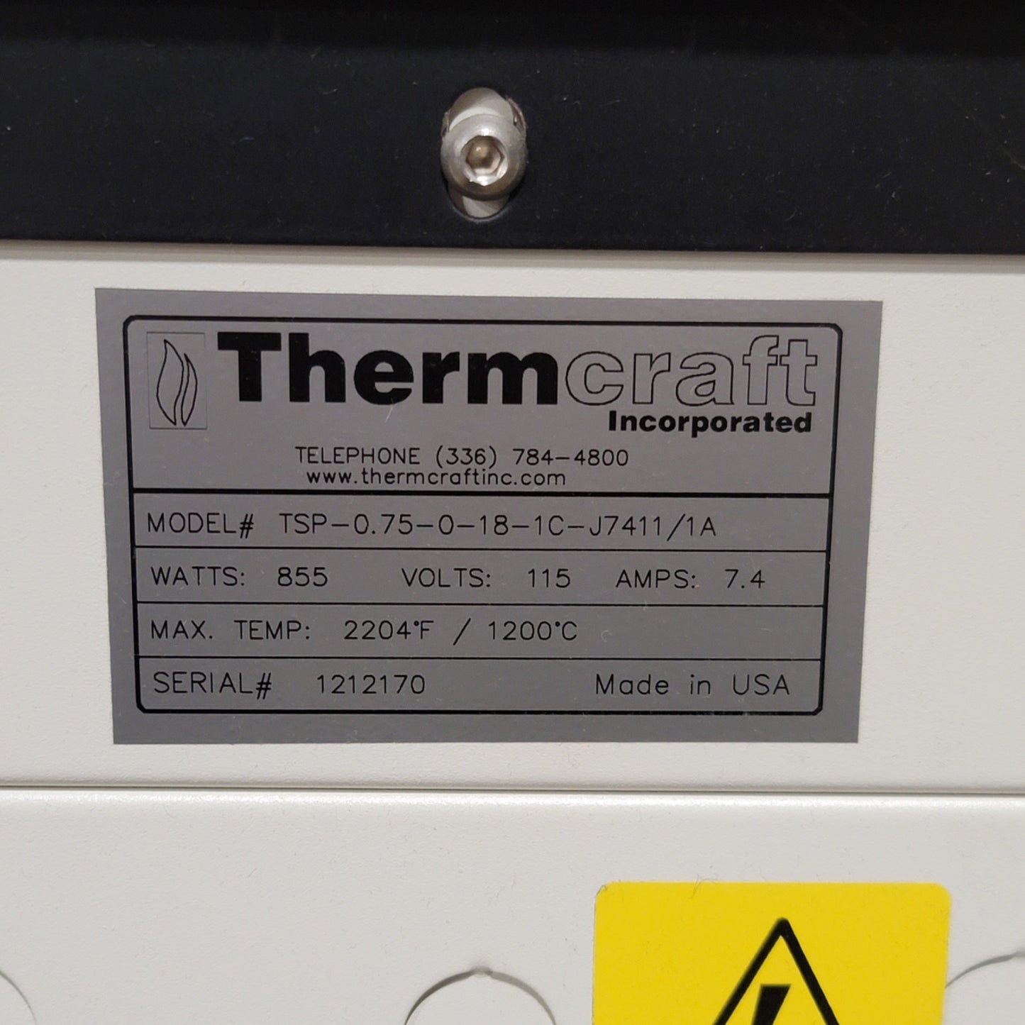 Used ThermaCraft TSP-0.75-0-18-1C-J7411/1A Split Tube Furnace 2204°F 120VAC 7.4A 855W