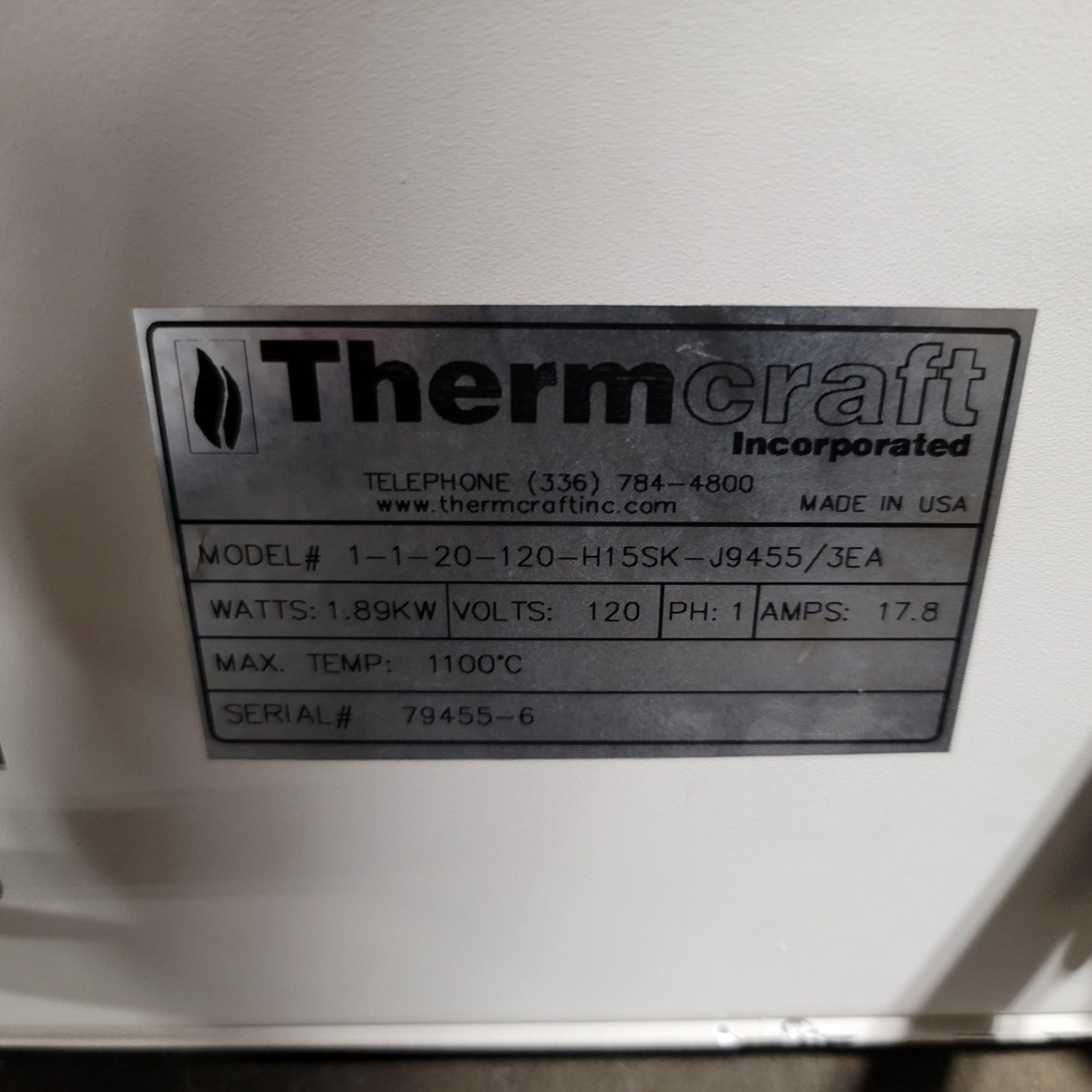 Used ThermaCraft TSP-0.75-0-18-1C-J7411/1A Split Tube Furnace 2204°F 120VAC 7.4A 855W