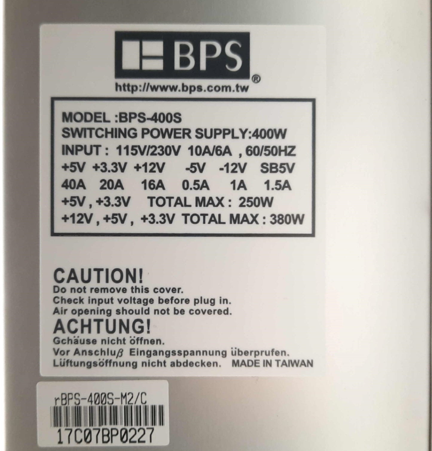 Used BPS BPS-400S Computer Power Supply 1U 20-Pin ATX 380W 2x Molex 1x SATA 115/230V