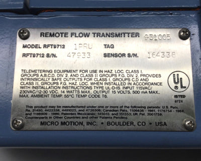 Used Micro Motion RFT9712-1PRU Mass Flow Sensor and Remote Transmitter 0-41.7lb/min