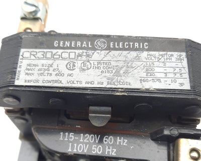Used GE CR306C0 Motor Contactor/Starter, 600VAC, 27A, NEMA Size 1, 10HP Max
