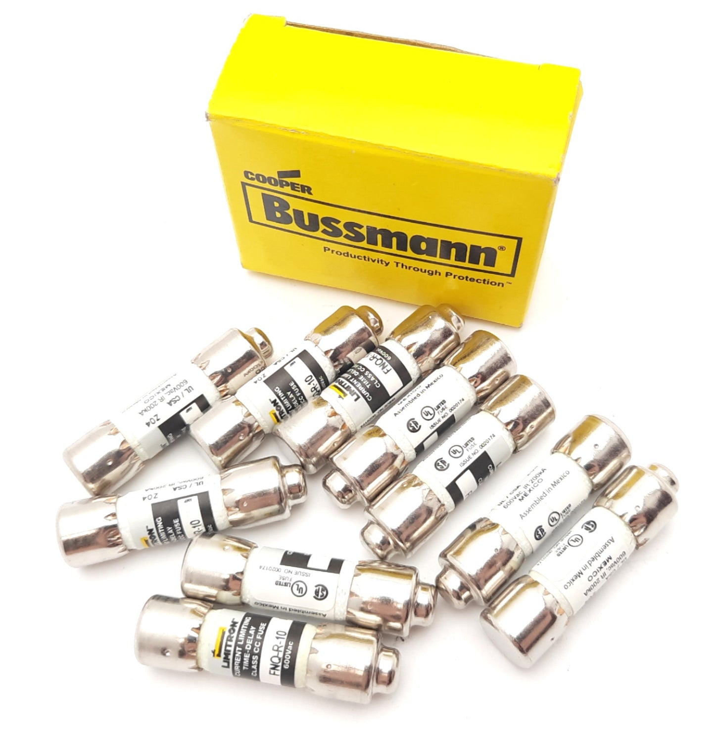 Used Lot of 10 Eaton Bussmann FNQ-R-10 CC-Tron Time Delay Class CC Fuses, 10A 600VAC
