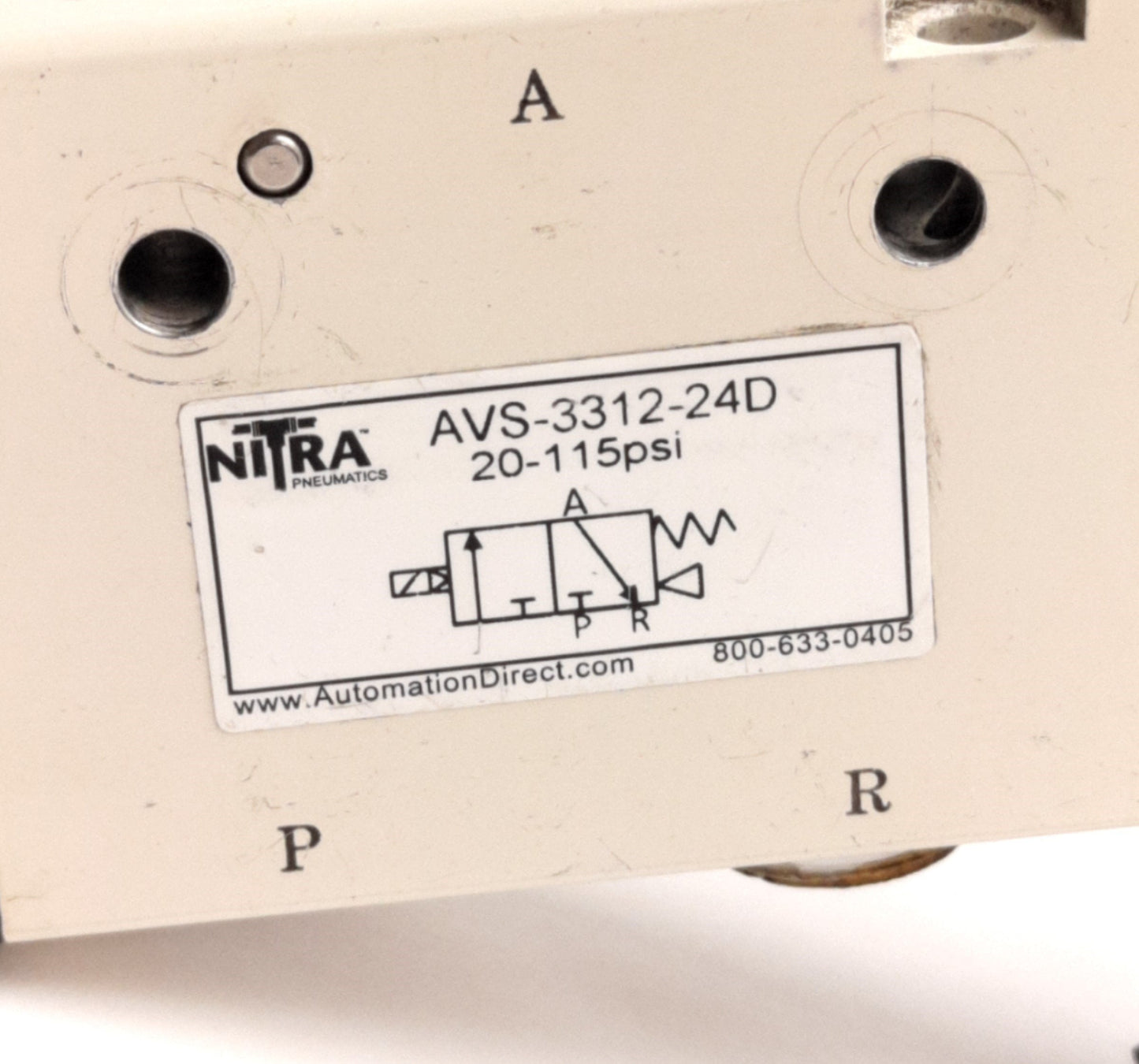 Used Automation Direct AVS-3312-24D Nitra Solenoid Valve, 2-Pos 3-Port, N.C., 24V DC