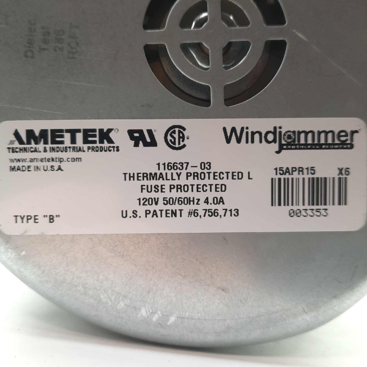 Used AMETEK 116637-03 Windjammer Blower Fan, 5.7", 130.5CFM, 1.75" In/Out, 120VAC 4A