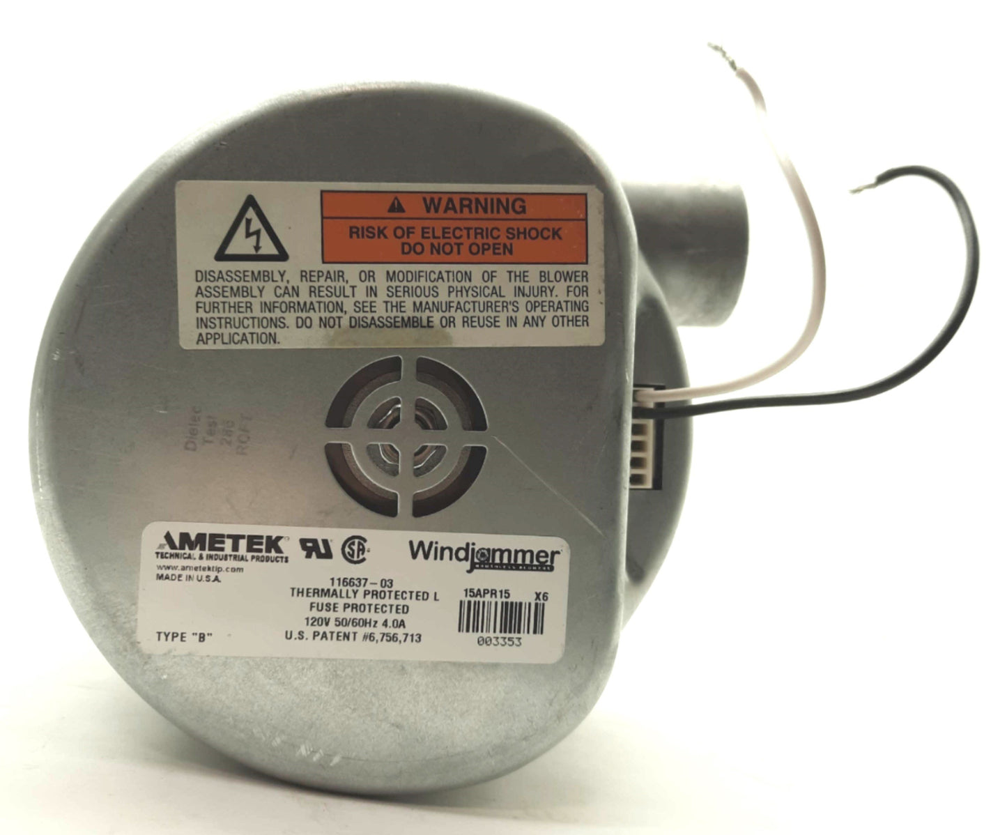 Used AMETEK 116637-03 Windjammer Blower Fan, 5.7", 130.5CFM, 1.75" In/Out, 120VAC 4A