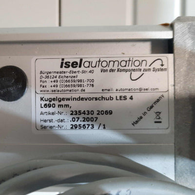 Used ISEL 235430 2069 LES 4 Stepper Driven Linear Positioner 690mm 2x Carriages