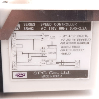 Used SPG SRA02-A Speed Controller, Rating: 110VAC 0.45-2.2A, Motor Output: 15-90W