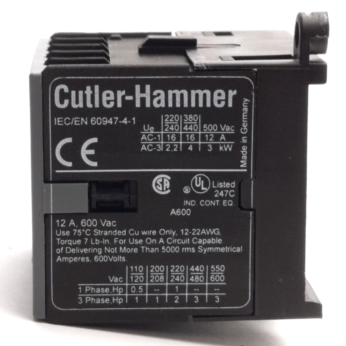Used Cutler-Hammer CE12BNC310 IEC Contactor, 3-Poles, 24V DC Coil, 1NO, 12A 600V AC
