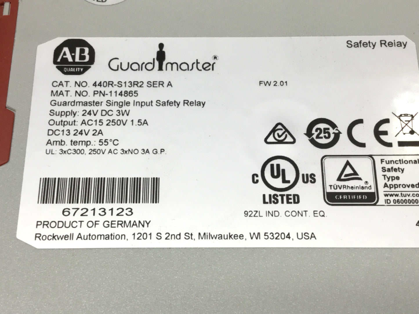 Used Allen-Bradley 440R-S13R2 Guardmaster CI Safety Relay 250VAC 1.5A, 24VDC, 3NO-1NC