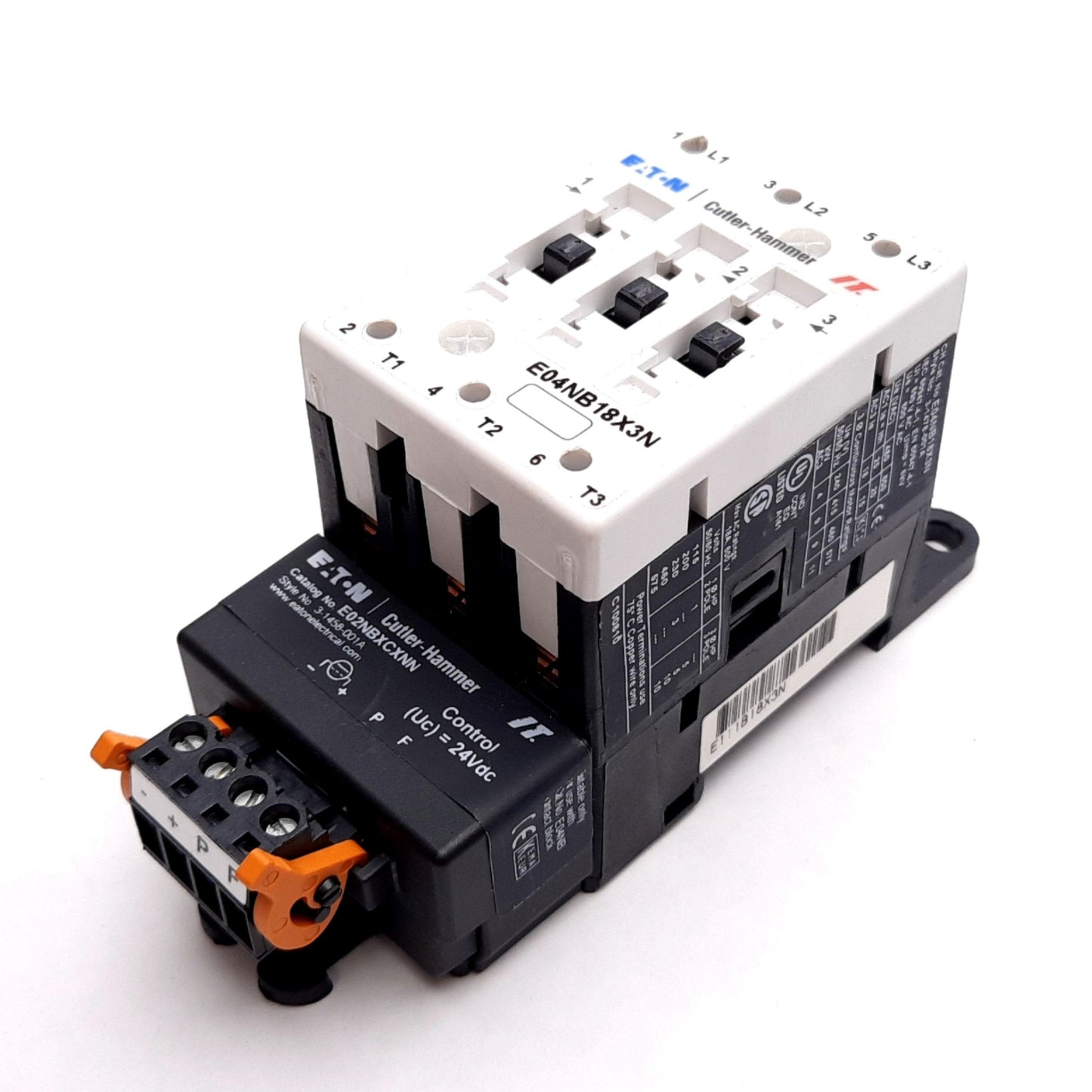 Used Eaton E04NB18X3N Contactor, 3-Pole, 600VAC 18A, E02NBXCXNN Coil: 24VDC