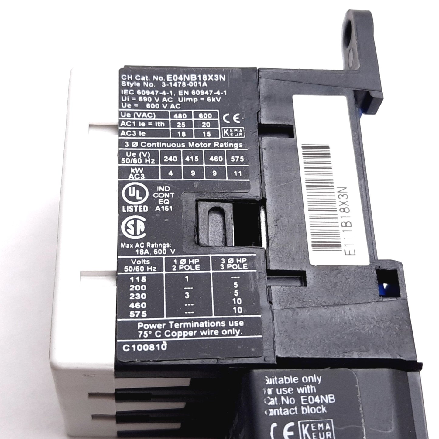 Used Eaton E04NB18X3N Contactor, 3-Pole, 600VAC 18A, E02NBXCXNN Coil: 24VDC