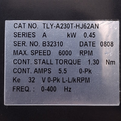 Used Allen Bradley TLY-A230T-HJ62AN Kinetix Servo Motor NEMA23, 6000RPM, 230VAC 3PH