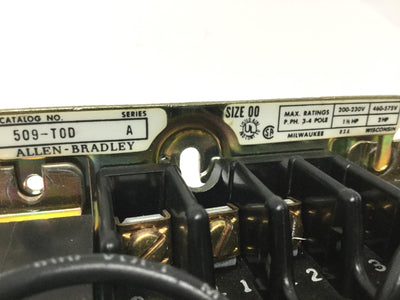 Used Allen Bradley 509-TOD Full Voltage Starter, Size 00, 600VAC 9A, 120VAC Coil