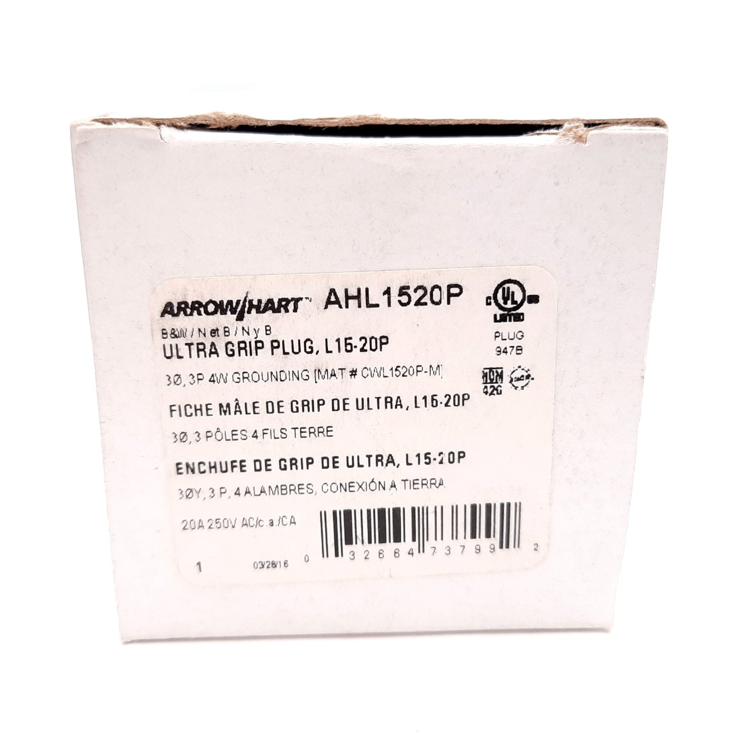 New Eaton Arrow Hart AHL1520P Ultra Grip Plug, 3-Pole 4-Wire, 20A 250VAC, L15-20P