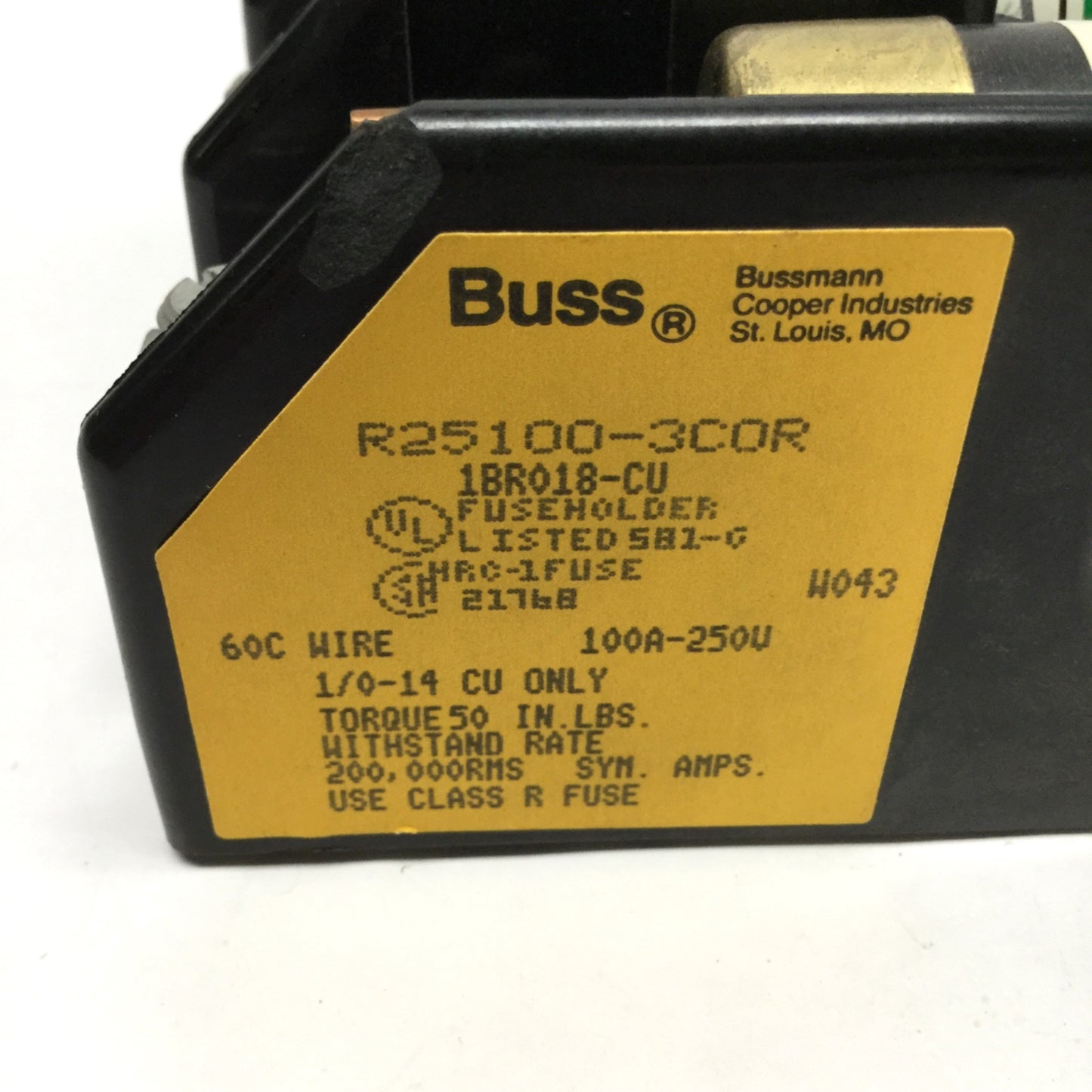 Used Bussmann R25100-3COR Fuse Holder Block 3-Pole 100A 250V w/ 3x Time Delay 70A