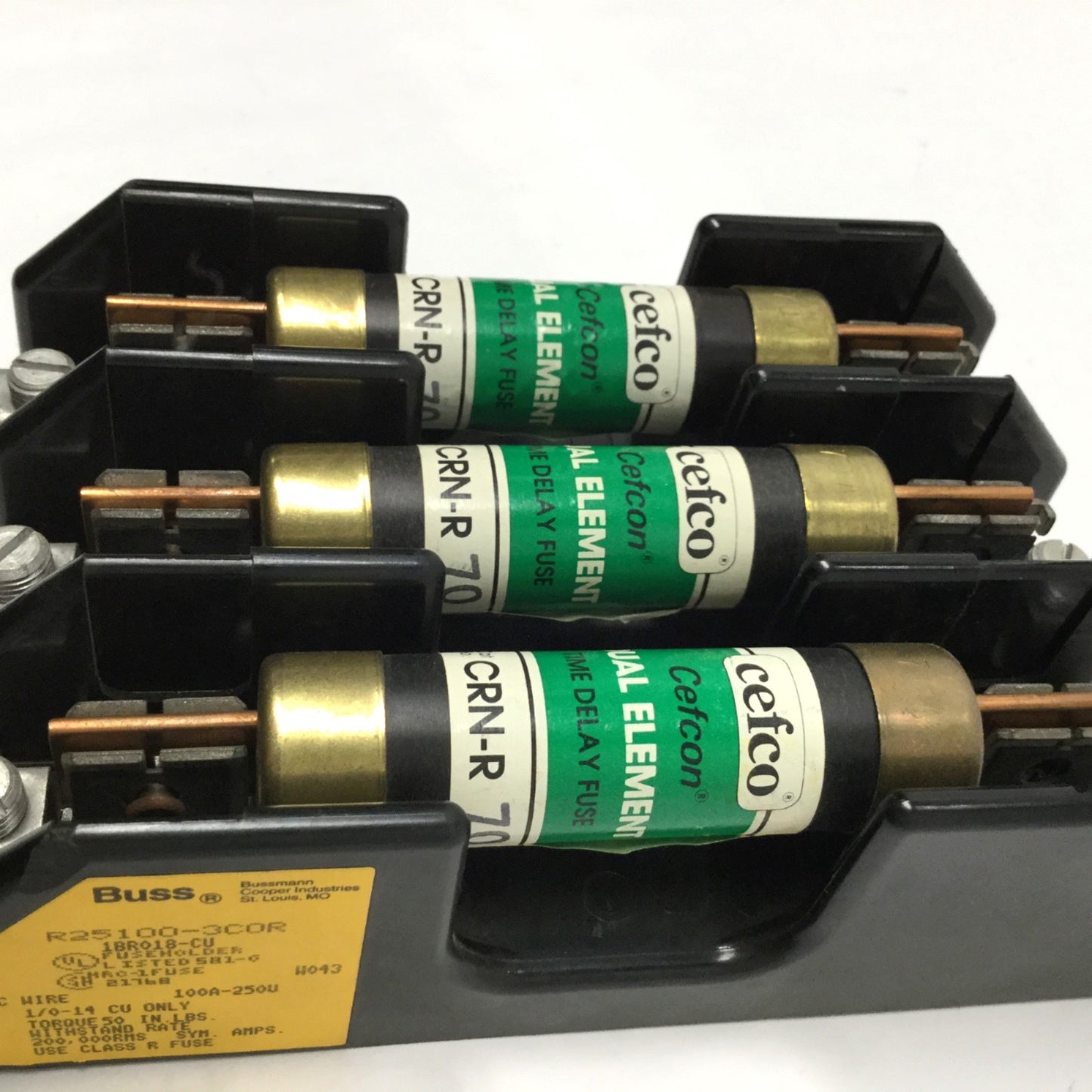 Used Bussmann R25100-3COR Fuse Holder Block 3-Pole 100A 250V w/ 3x Time Delay 70A