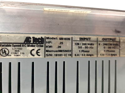 Used Lenze AC Tech SN103S Variable Speed AC Motor Drive Single Phase 110-120VAC 1/4hp