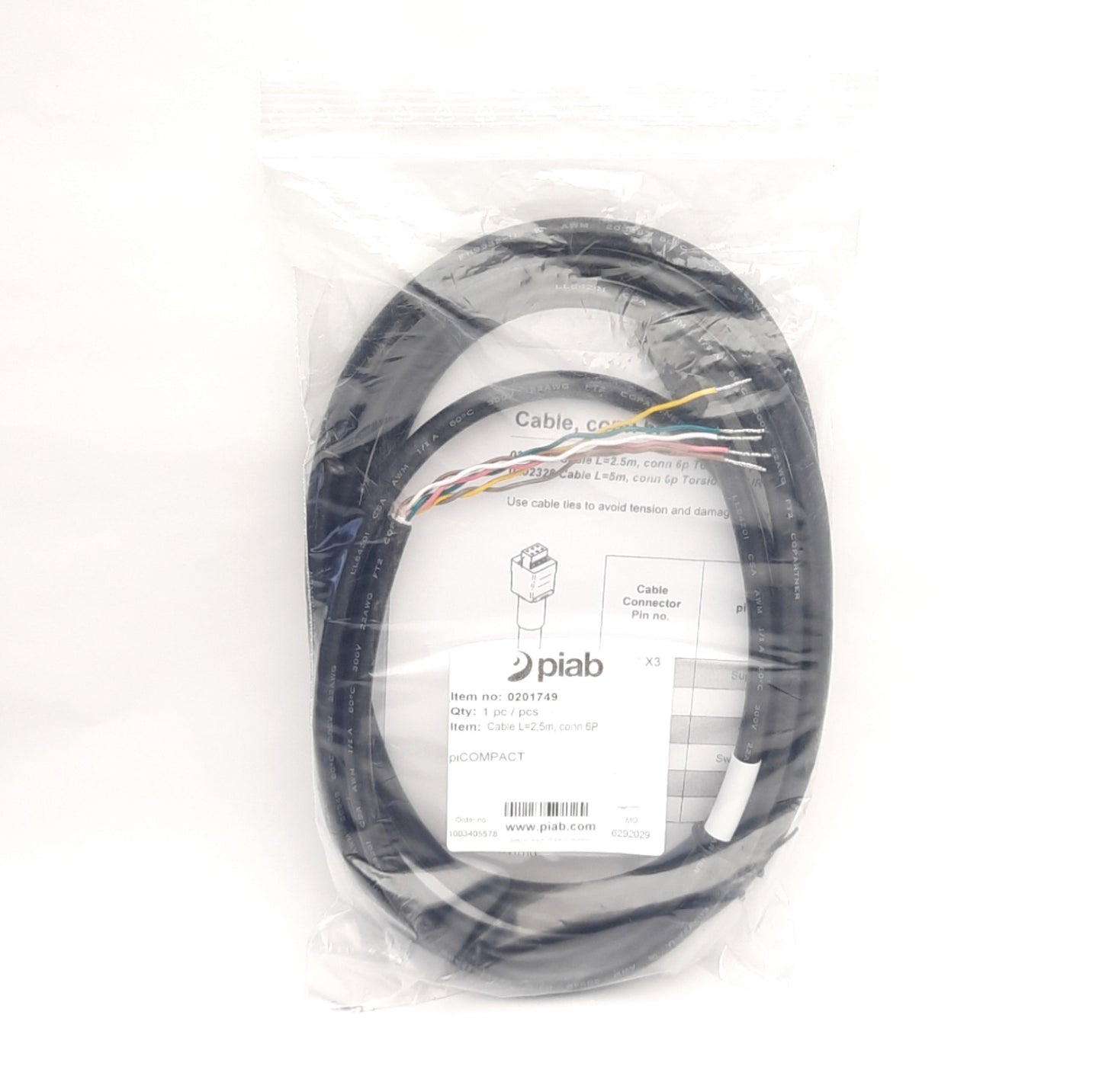 Used Piab 0201749 piCompact 10X Function Connection Cable, 6P, 2.5m Length, 24V DC