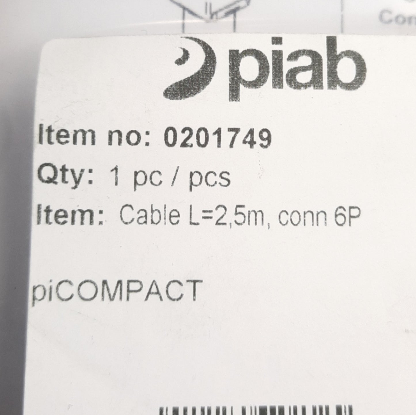 Used Piab 0201749 piCompact 10X Function Connection Cable, 6P, 2.5m Length, 24V DC