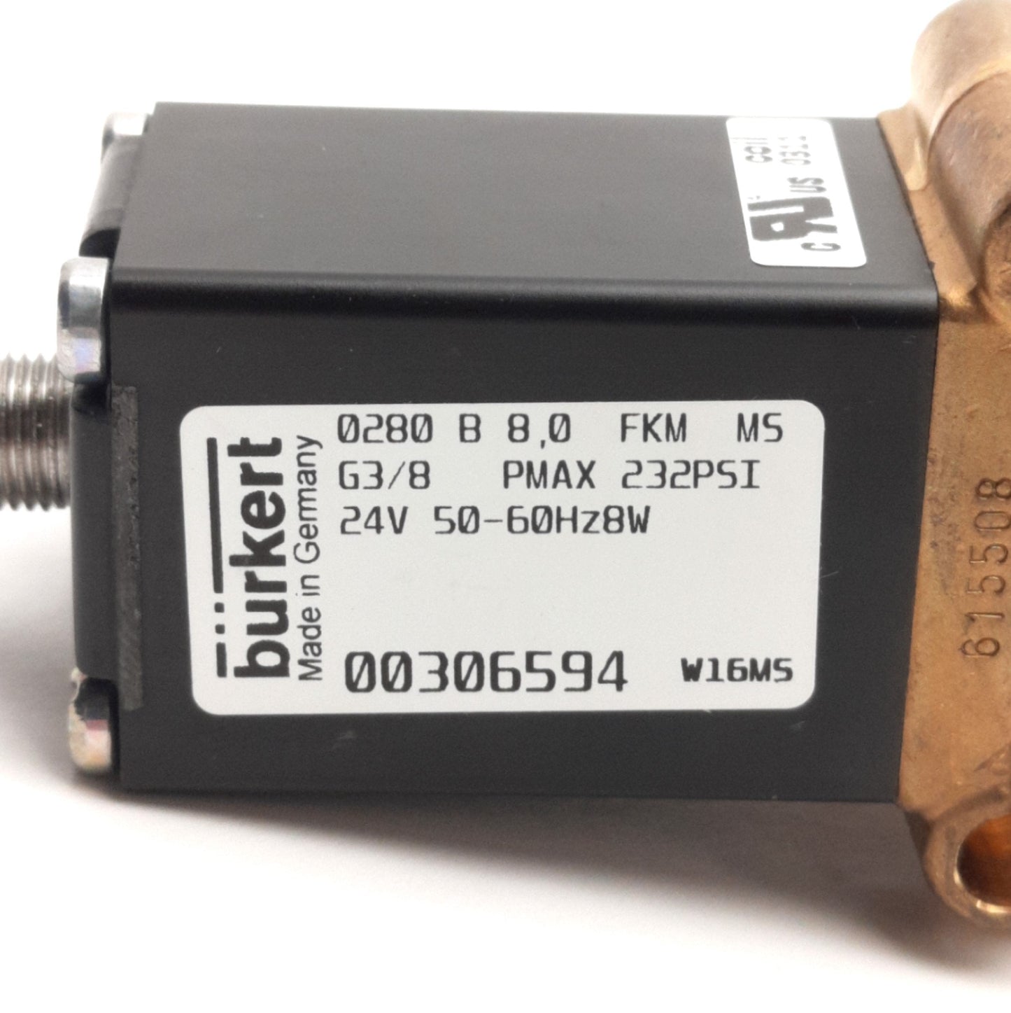 Used Burkert 0280-B-8.0-FKM-MS 00306594 Solenoid Valve, G3/8, 232Psi, 24V AC Coil