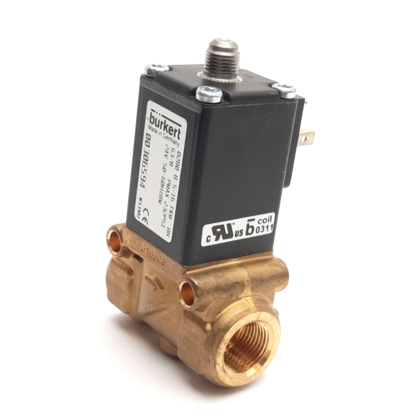 Used Burkert 0280-B-5/16-FKM-BR 00306594 Solenoid Valve, G3/8, 232Psi, 24V AC Coil
