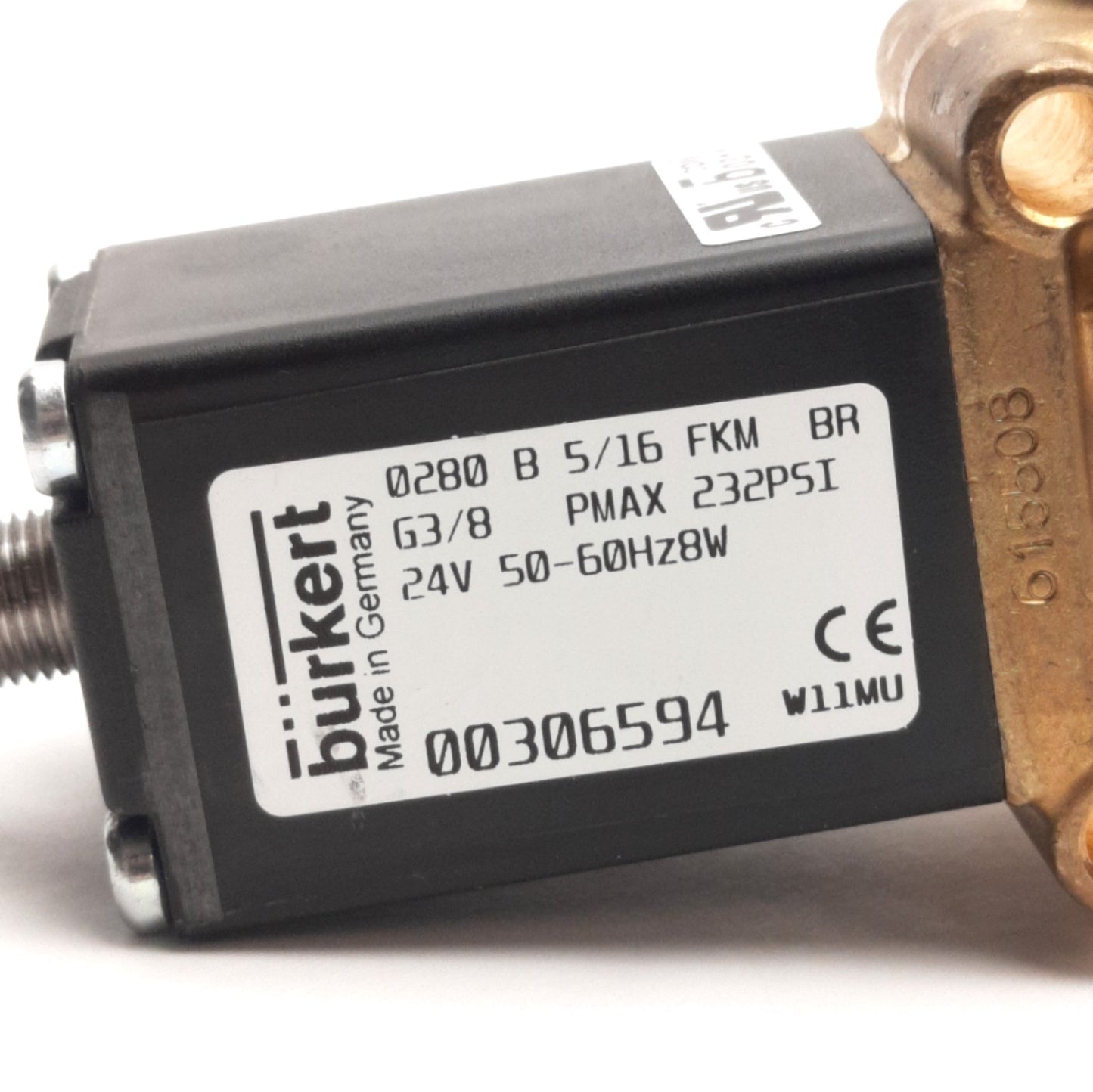 Used Burkert 0280-B-5/16-FKM-BR 00306594 Solenoid Valve, G3/8, 232Psi, 24V AC Coil