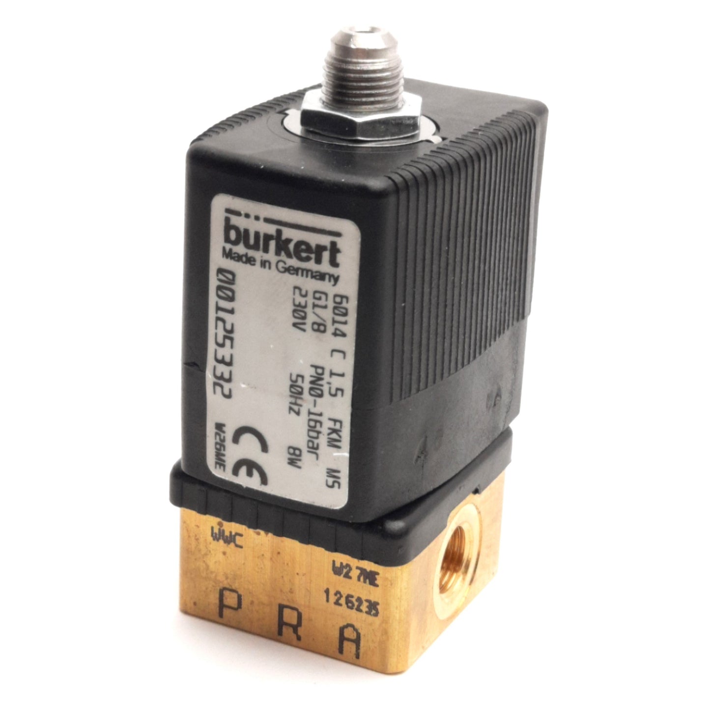 Used Burkert 6014-C-1.5-FKM-MS Plunger Valve, 3/2Way Direct, G1/8, 230V 50Hz Coil