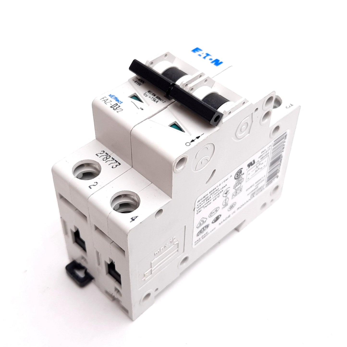 Used Eaton FAZ-D3/2 Circuit Breaker, 2-Pole, D-Curve, Rating: 3A 415VAC, DIN Rail