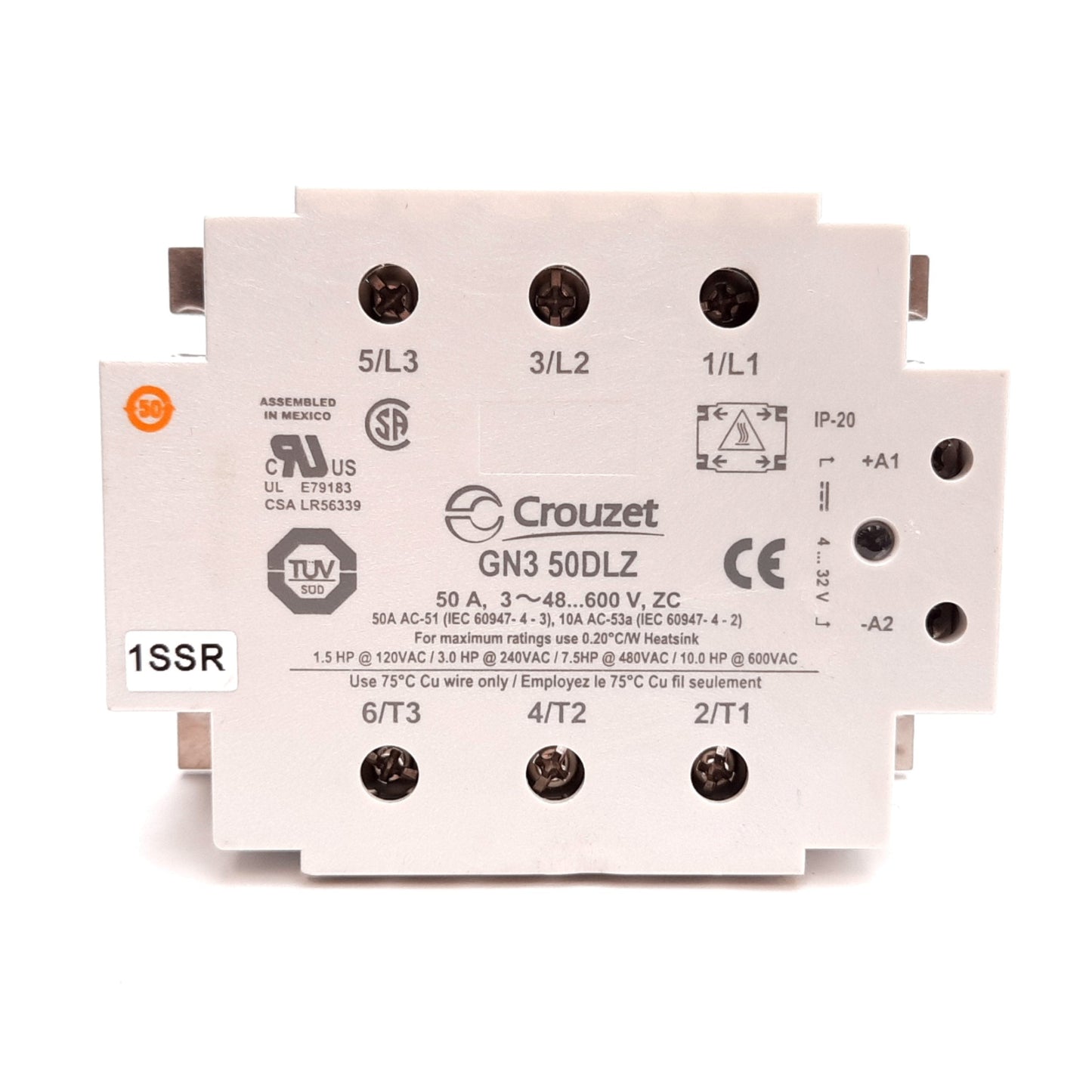 Used Crouzet GN350DLZ Solid State Relay, 3-Pole, Coil: 4-32VDC, Rating: 50A 600VAC