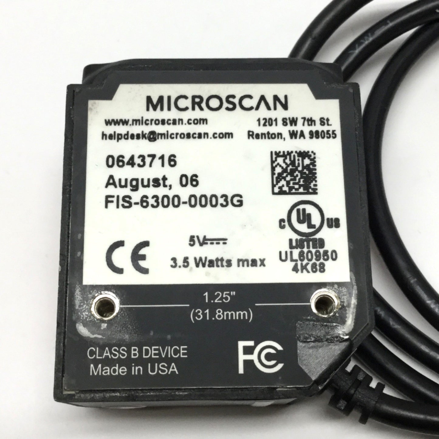 Used Microscan FIS-6300-0003G Quadrus Mini Fixed Mount Barcode Scanner 1D, 2D, 5VDC