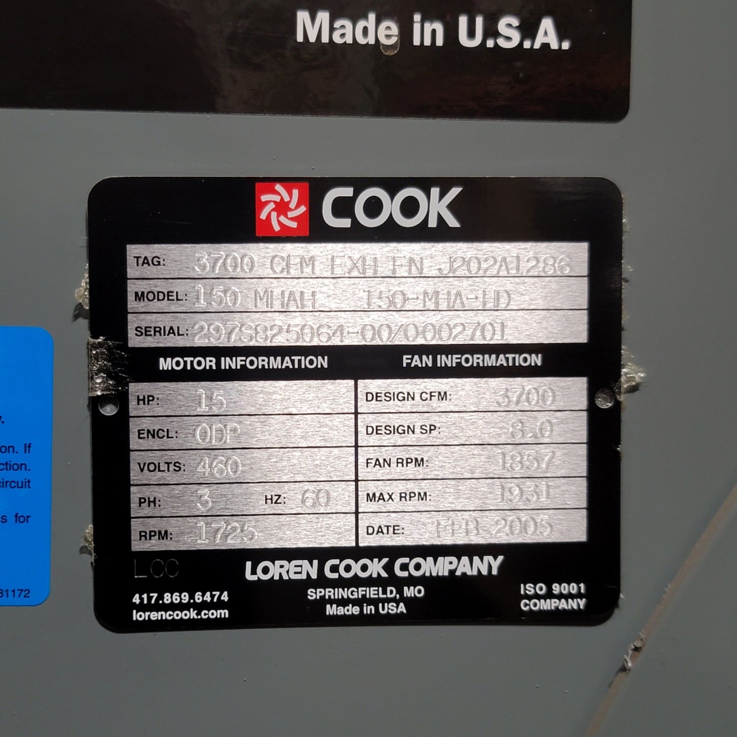 New Cook 150-MHA-HD Radial Blade Industrial Material Handler 3700CFM 15HP 460V 3-Ph
