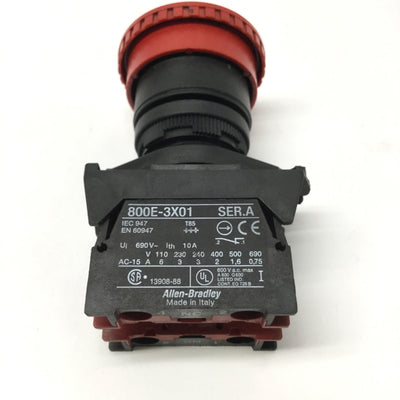 Used Allen Bradley Emergency E-Stop Pushbutton Switch, Twist-Release, 600VAC 10A, 2NC