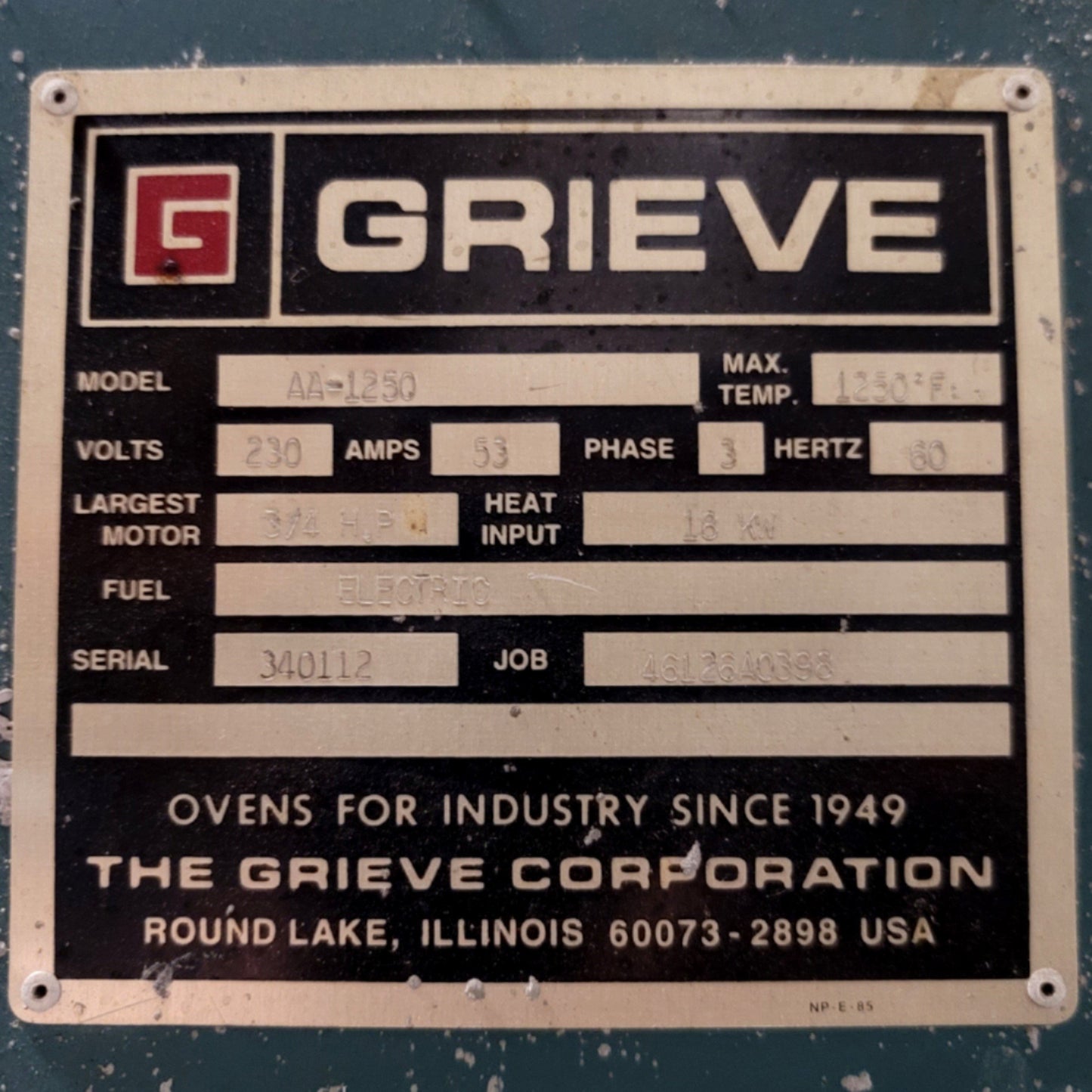 Used Grieve AA-1250 High Temperature Universal Oven 24" x 24" x 24" 1250°F 230V 3-Ph