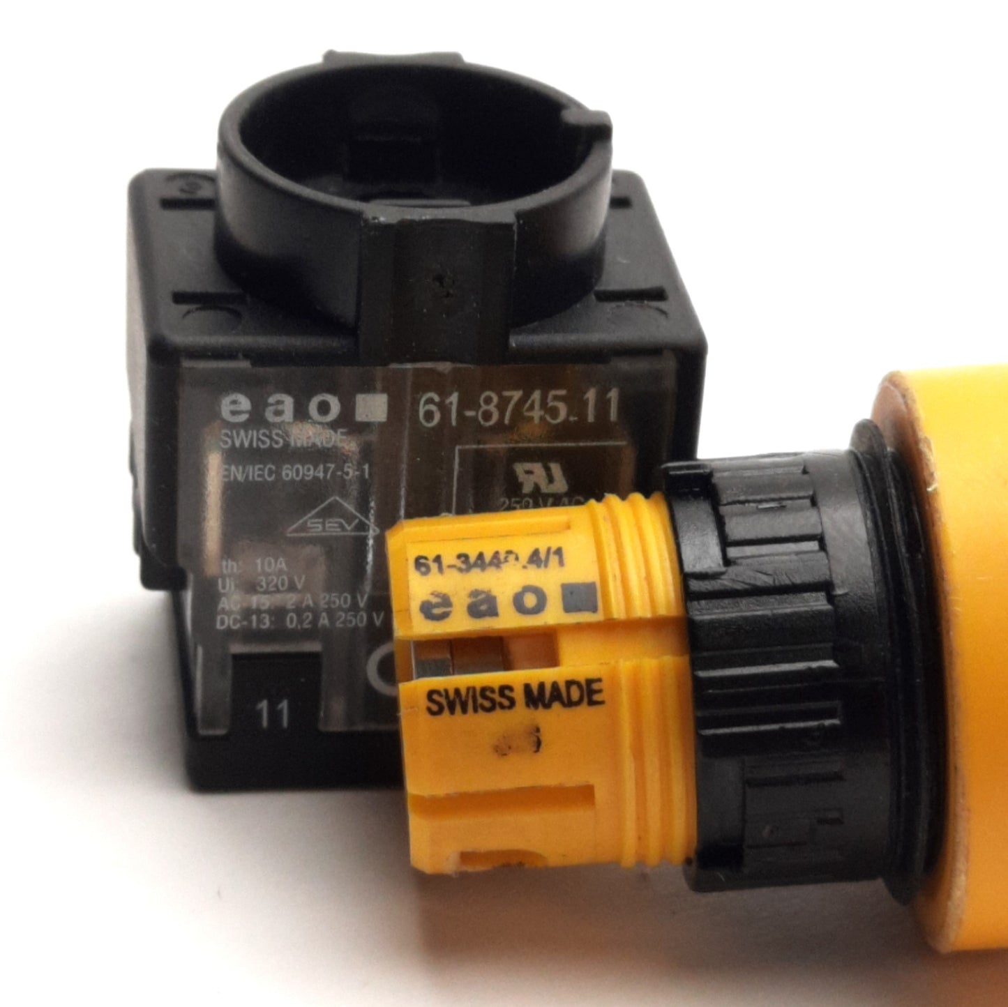Used EAO 61-3440.4/1 E-Stop Button, With 61-8745.11 N.C. Contact Block, 10A 320V